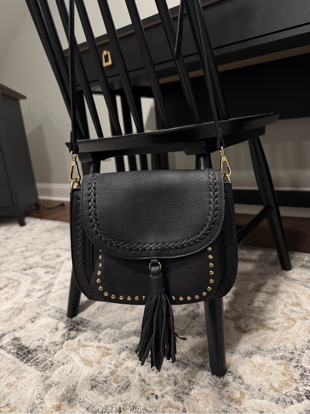 Black Tassel Crossbody Bag with Gold Studs